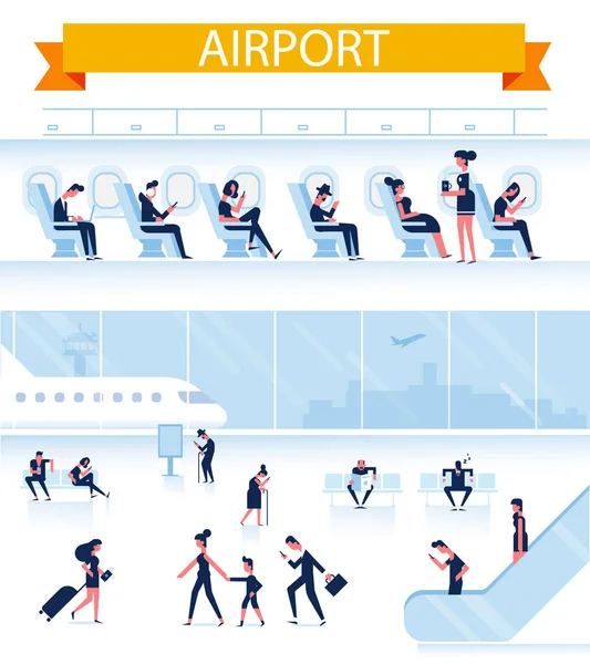 Люди Сидят Ходят Терминале Аэропорта Инфографические Элементы Люди Внутри Аэробуса — стоковый вектор