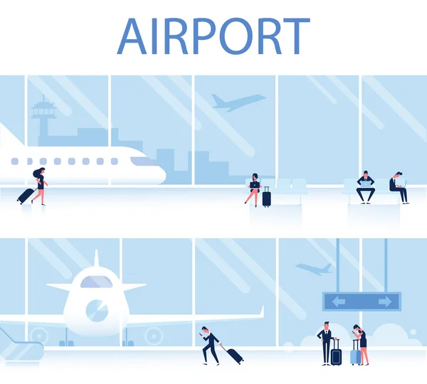 Repülőtéri Váró Helyiség Vízszintes Banner Utazási Koncepció Lapos Vektoros Illusztráció — Stock Vector