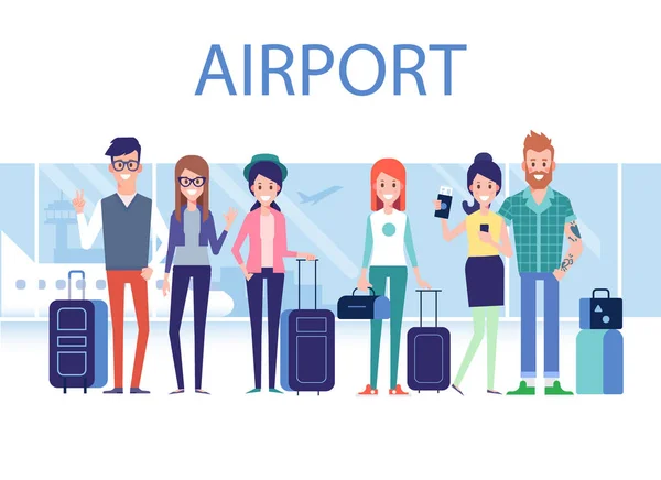 Jovens Terminal Aeroporto Prontos Para Viajar Ilustração Vetorial Plana — Vetor de Stock