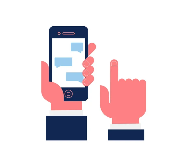 Menselijke Hand Greep Cellphone Chatten Platte Vectorillustratie Geïsoleerd Wit — Stockvector