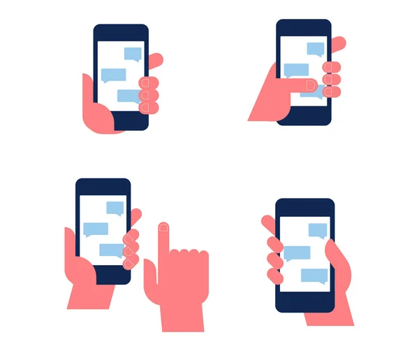 Menselijke Hand Greep Cellphone Chatten Platte Vectorillustratie Geïsoleerd Wit — Stockvector