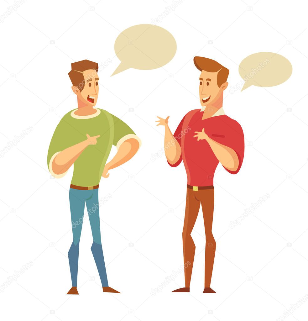 Two men talking to each other. Discussion, exchange of ideas.Male Characters. Vector illustration in a flat style.