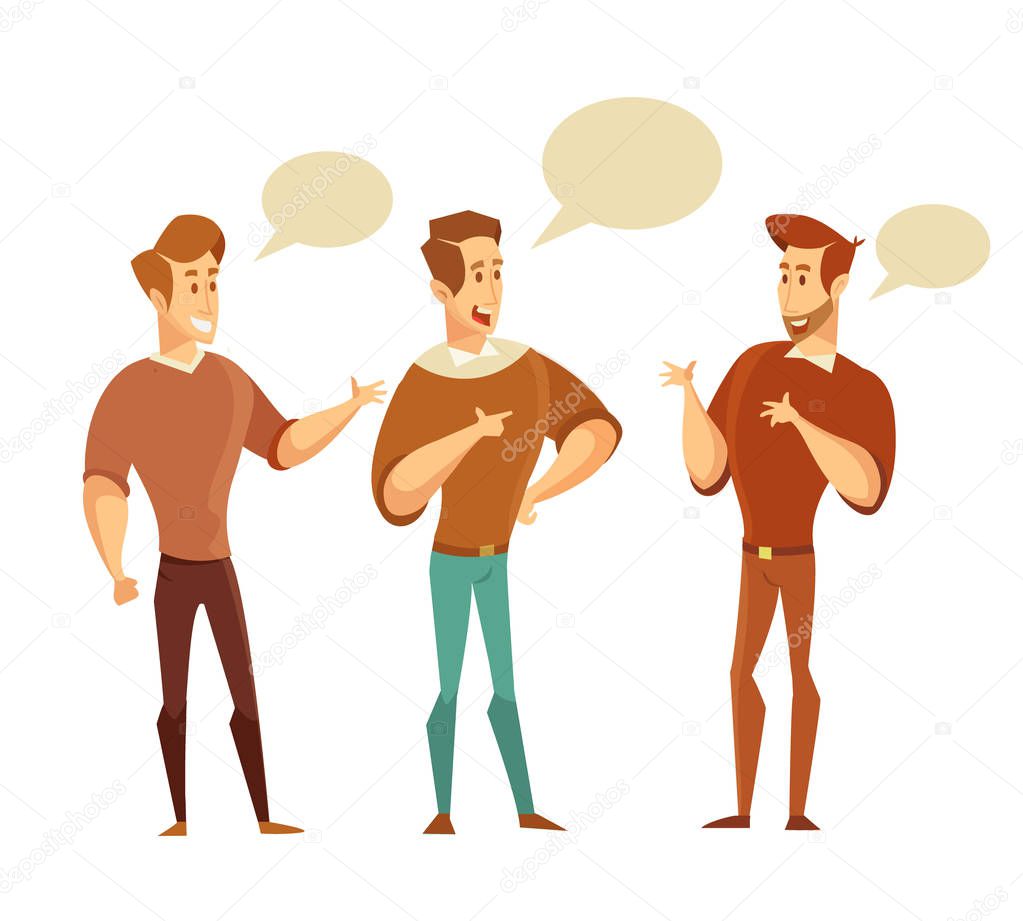 Three men talking to each other. Discussion, exchange of ideas.Male Characters. Vector illustration in a flat style.