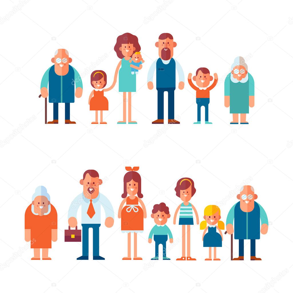 Vector set of characters in a flat style. Big family together. Cartoon vector illustration 