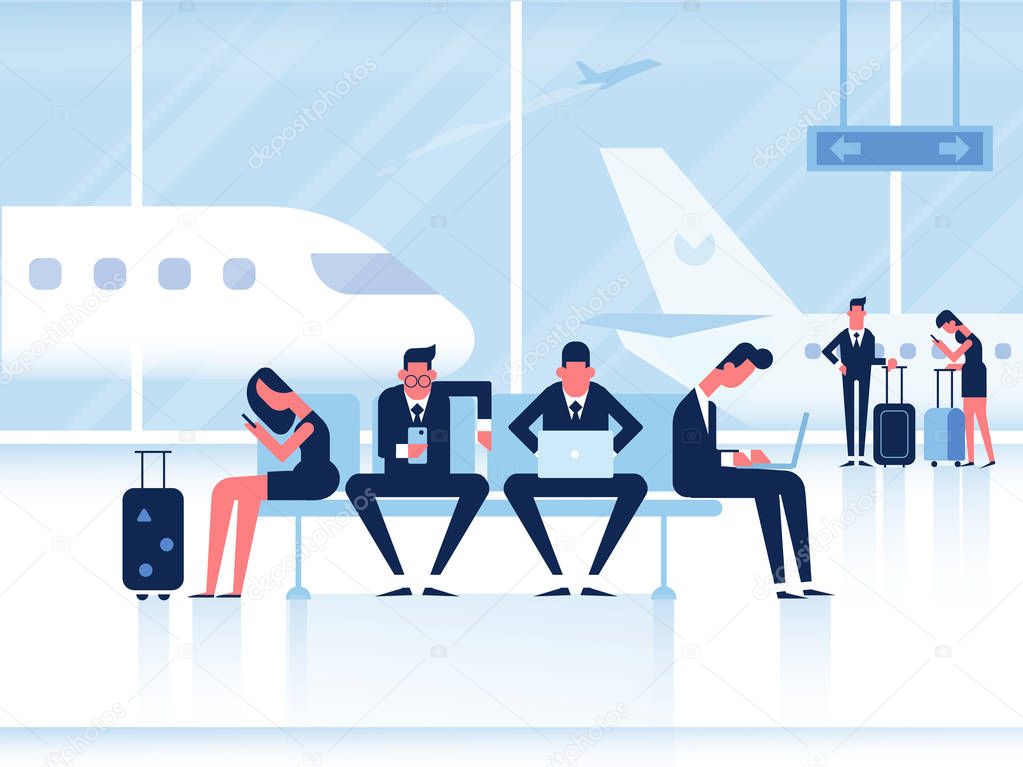 People sitting in airport terminal. Infographics elements. Business travel concept. Flat vector illustration.
