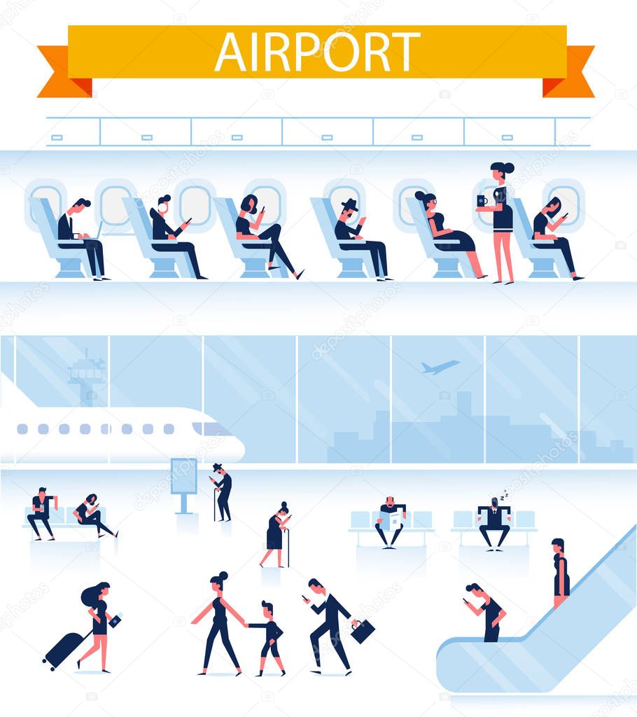 People sitting and walking in airport terminal. Infographics elements. People inside airbus. Business travel concept. Flat vector background.