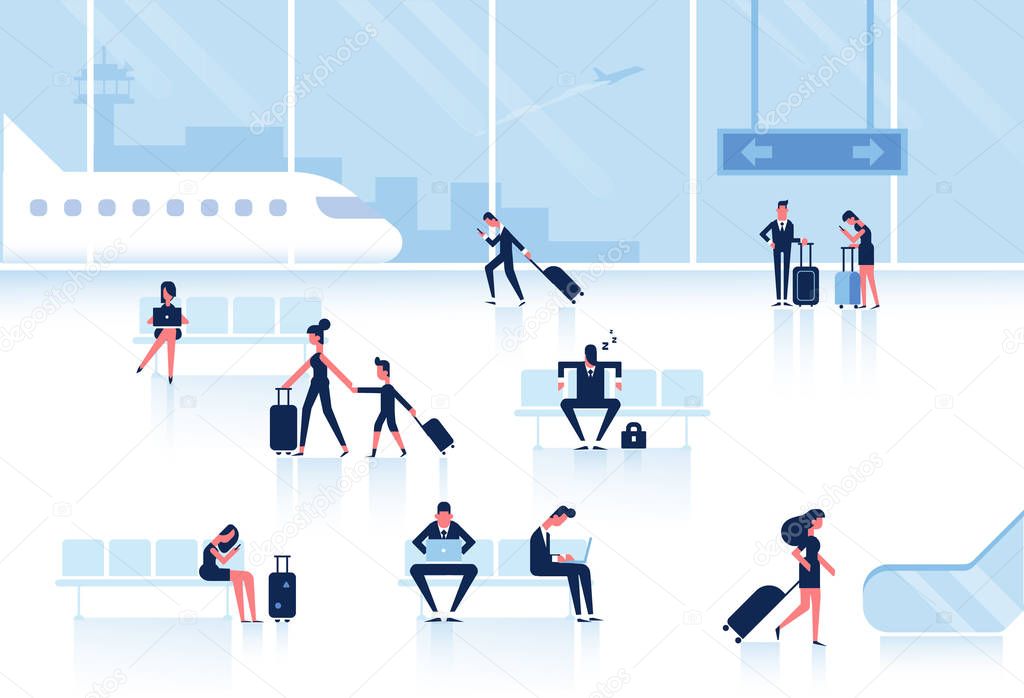 People sitting and walking in airport terminal. Infographics elements. Business travel concept. Flat vector background.