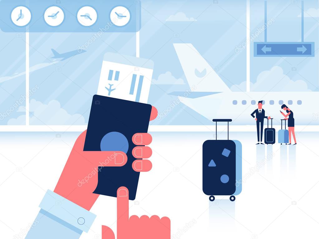 Man with passport and boarding pass waiting flight inside of airport. Airport horizontal Banner - waiting room with people.Infographics elements. Travel Concept. Flat Vector Illustration.