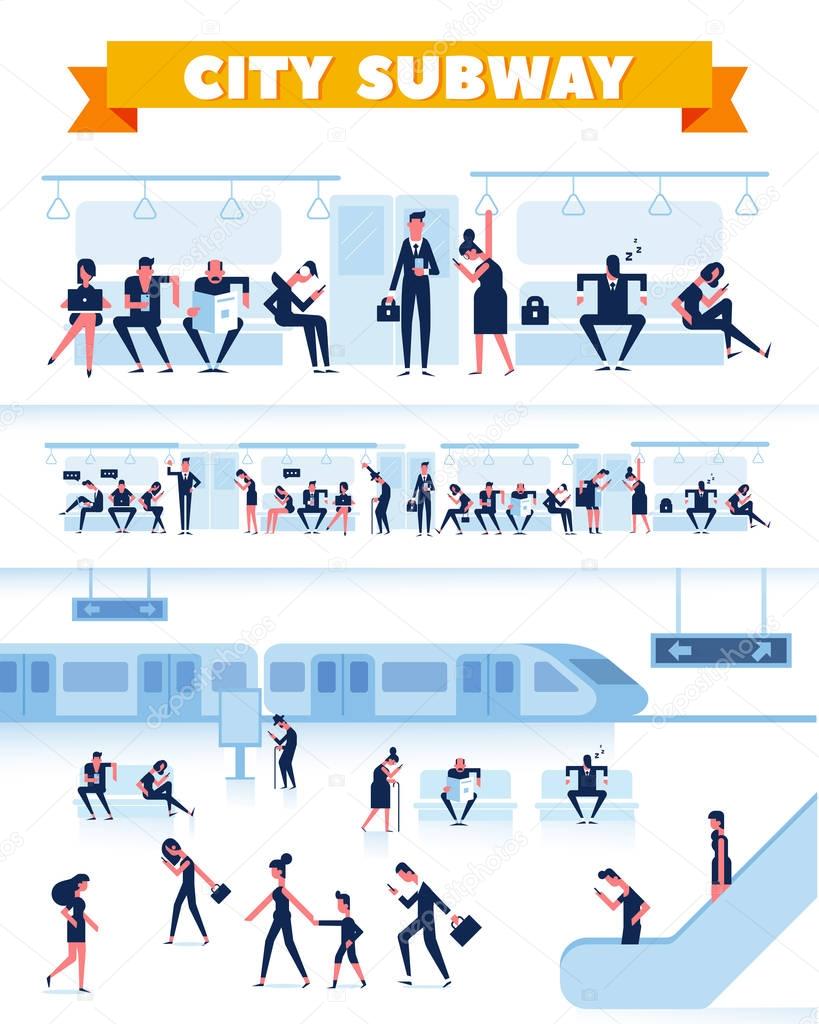 City Public Transport. People are waiting for the subway on station platform. Passengers inside underground train. Flat Vector illustration, elements for infographics.