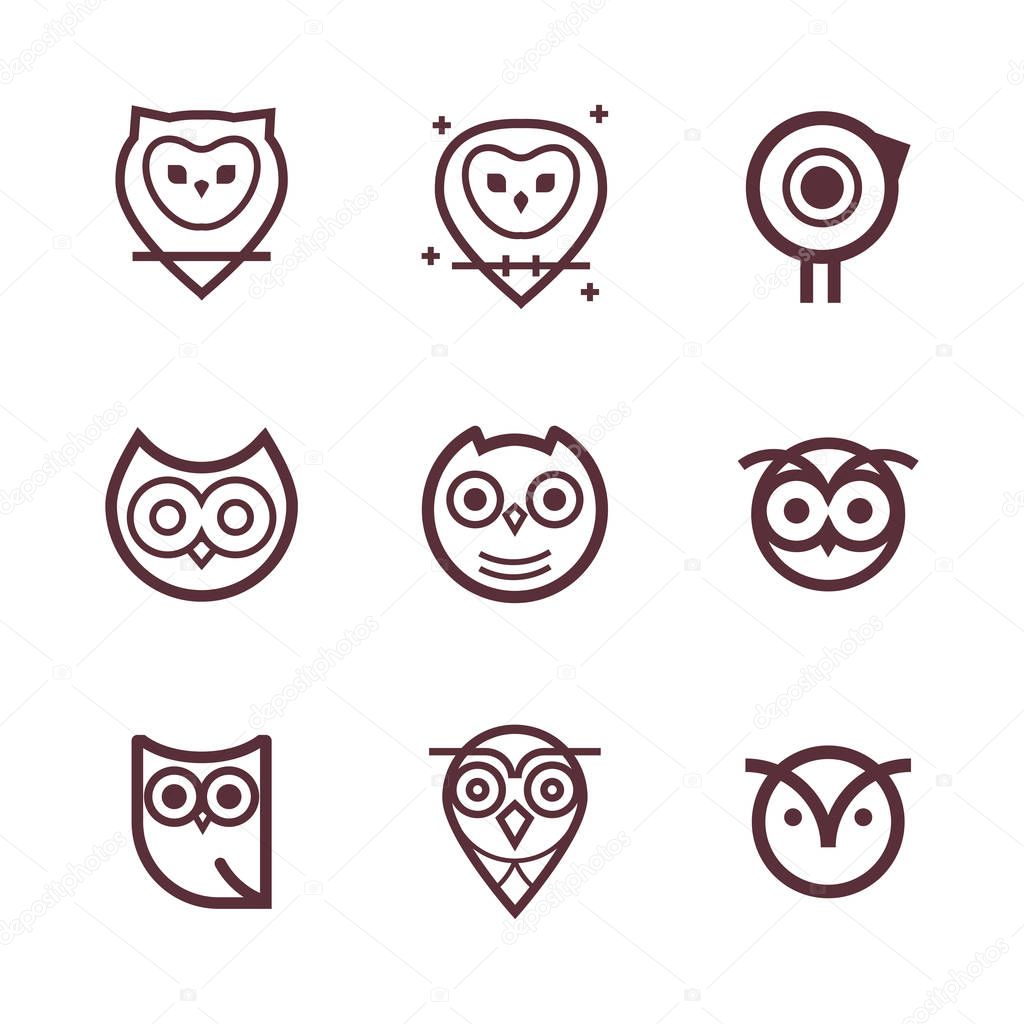 Owl outline icons collection. Set of outline owls and emblems design elements for schools, educational signs. Unique illustration for design.