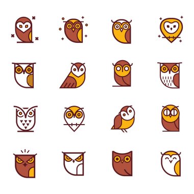 Baykuş anahat renk simgesi toplama. Vektör çizim