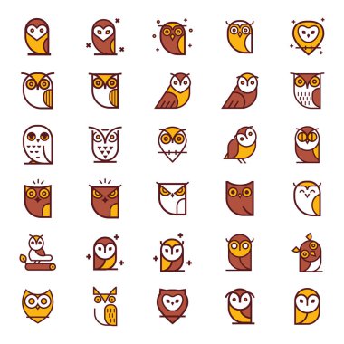 Baykuş anahat renk simgesi toplama. Vektör çizim