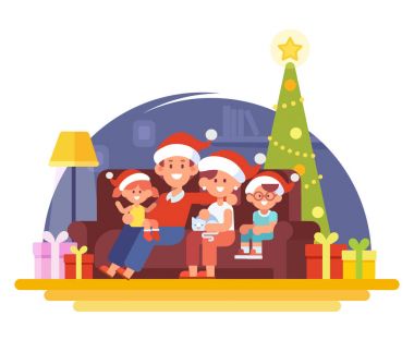 Merry Christmas ve yeni yıl. Mutlu aile birlikte. Anne, baba ve Noel Baba şapkası çocuklarda. Karikatür tarzı, düz vektör çizim.