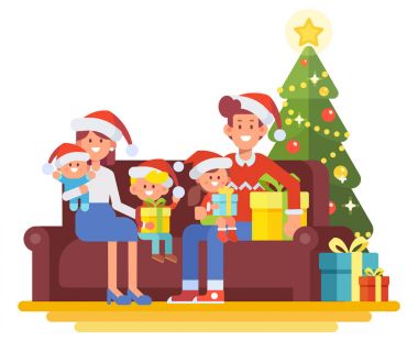Merry Christmas ve yeni yıl. Mutlu aile birlikte. Anne, baba ve Noel Baba şapkası çocuklarda. Karikatür tarzı, düz vektör çizim.