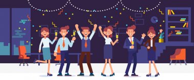 İnsanlar kutlama yapıyor. Yeni yılda ya da doğum günü partisinde erkek ve kadın karakterlerin eğlenip kadeh kaldırdığı havalı vektör düz karakter tasarımı.