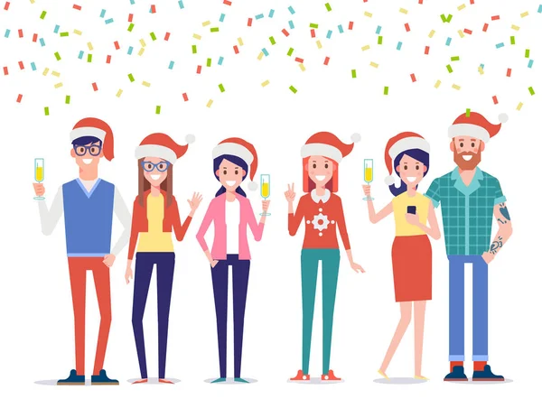 Les Jeunes Célèbrent Joyeux Noël Bonne Année Amusent Dessin Animé — Image vectorielle