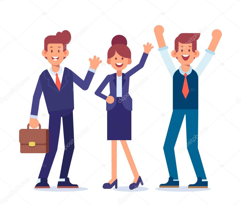Business people celebrating victory.  Business team standing under money rain. Cartoon style, flat vector illustration isolated on white background.