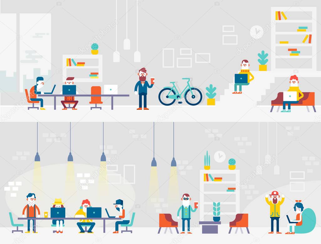 Coworking people horizontal banner.  Concept design for web, infographics.  Flat style vector illustration. 