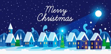 Kış kasaba. Kentsel peyzaj yeni yıl ağacı. Karlı gece sokak arka plan. Düz vektör çizim.