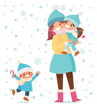 Mutlu anne onun İngitere tutarak. Kış saati, insanlar sıcak giysiler içinde. Düz vektör çizim.