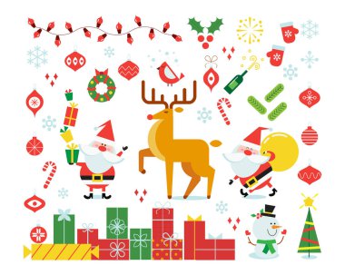 Vektör Noel kartı. Geyik, hediyeler. Noel süslemeleri ile arka plan. Düz bir stil çizimde.