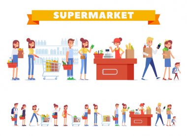 İnsanlar süpermarkette alışveriş. Vektör karakter kadın kasiyer süpermarkette düz. Konsept illüstrasyon için alışveriş, banner. Sağlıklı yeme, Yazar kasa ve alıcılar.