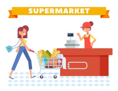 İnsanlar süpermarkette alışveriş. Vektör karakter kadın kasiyer süpermarkette düz. Konsept illüstrasyon için alışveriş, banner. Sağlıklı yeme, Yazar kasa ve alıcılar.