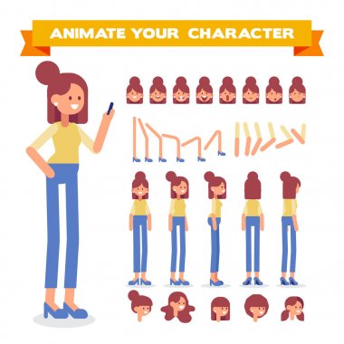 Ön, yan, geri, 3/4 görünüm animasyon karakter. Genç Bayan karakter Oluşturucu çeşitli sayısı, saç modelleri, yüz duygular, ile poz veriyor. Karikatür tarzı, düz vektör çizim.