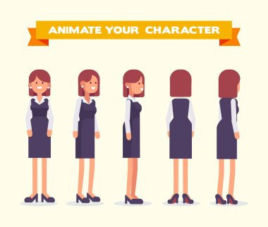 Animasyon için genç kadın. Ön, yan, arka, 3/4 görünümü. Vücudun farklı bölgelerinde. Karikatür tarzı, düz vektör çizim.