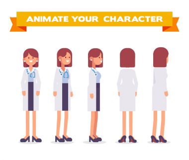 Animasyon için genç kadın. Ön, yan, arka, 3/4 görünümü. Vücudun farklı bölgelerinde. Karikatür tarzı, düz vektör çizim.