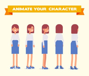 Animasyon için genç kadın. Ön, yan, arka, 3/4 görünümü. Vücudun farklı bölgelerinde. Karikatür tarzı, düz vektör çizim.