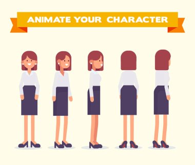 Animasyon için genç kadın. Ön, yan, arka, 3/4 görünümü. Vücudun farklı bölgelerinde. Karikatür tarzı, düz vektör çizim.