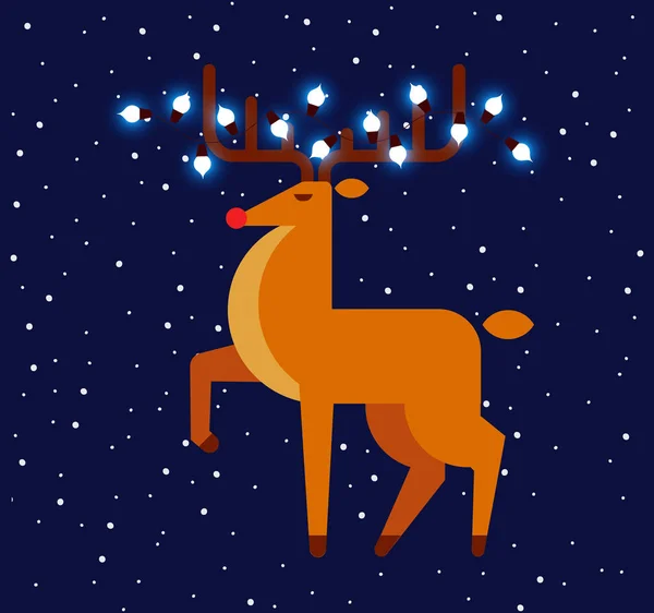 在黑暗背景下 在牛角上有花环的圣诞鹿 下雪的冬夜 圣诞快乐 平面样式中的矢量插图 — 图库矢量图片