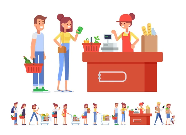 Menschen Die Supermarkt Einkaufen Flache Vektorfigur Kassiererin Supermarkt Konzeptillustration Für — Stockvektor