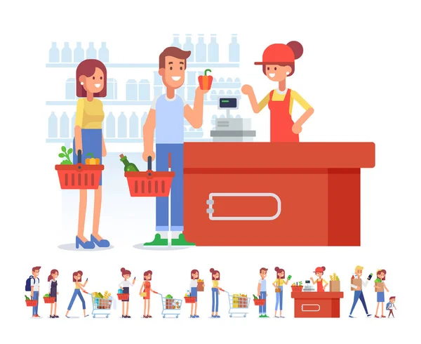 People Shopping Supermarket Flat Vector Character Woman Cashier Supermarket Concept — Stock Vector