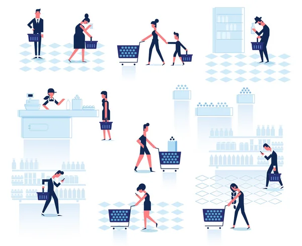 Gente Shopping Supermercato Illustrazione Vettoriale Piatto — Vettoriale Stock