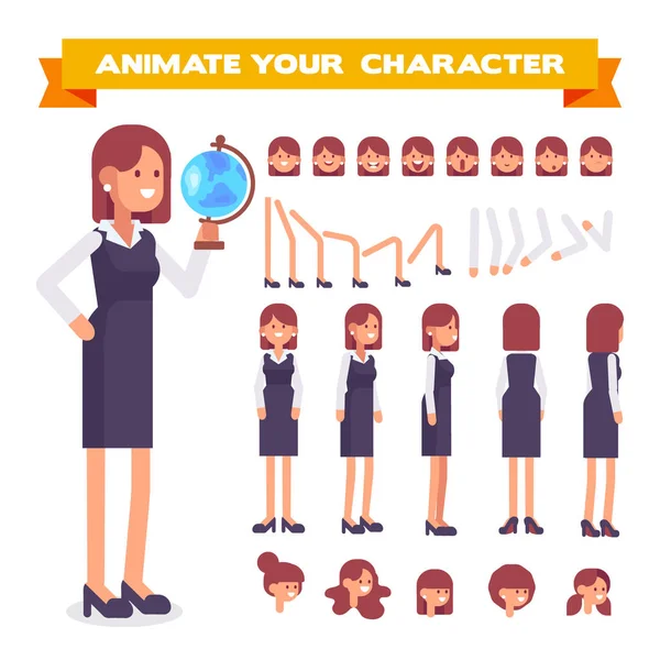 Vorderseite Seite Rückseite Ansicht Animierte Figur Lehrerin Charakterkonstrukteurin Mit Verschiedenen — Stockvektor