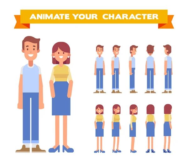 Hombre Mujer Frente Lado Espalda Ver Personajes Estilo Dibujos Animados — Vector de stock