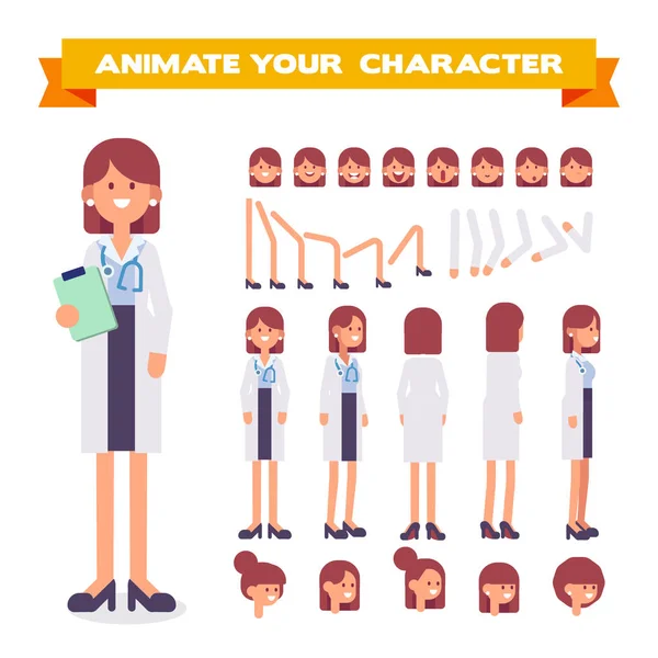 Front Side Back View Animated Character Doctor Woman Character Constructor — Stock Vector