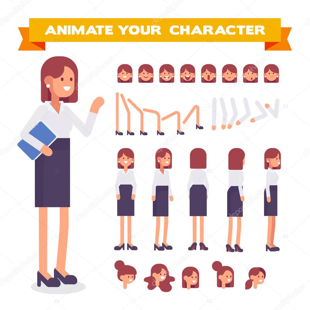 Front, side, back, 3/4 view animated character. Young lady character constructor with various views, hairstyles, face emotions, poses. Cartoon style, flat vector illustration.
