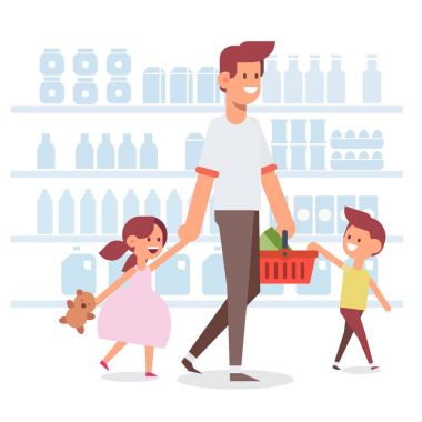 Mutlu aile alışveriş. Baba ve mutlu çocuklar süpermarkette. Vektör çizim, karikatür tasarım düz.