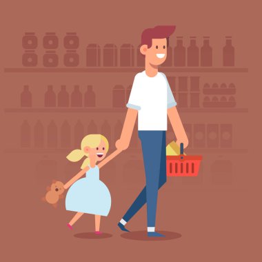 Mutlu aile alışveriş. Baba ve mutlu çocuklar süpermarkette. Vektör çizim, karikatür tasarım düz.