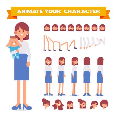 Ön, yan, geri, 3/4 görünüm animasyon karakter. Genç Bayan karakter Oluşturucu çeşitli sayısı, saç modelleri, yüz duygular, ile poz veriyor. Karikatür tarzı, düz vektör çizim.