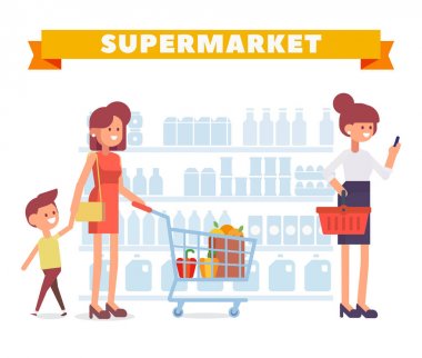 İnsanlar süpermarkette alışveriş. Karikatür tarzı, düz vektör çizim.