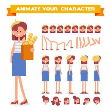 Ön, yan, geri, 3/4 görünüm animasyon karakter. Sevimli Parisli kız Oluşturucu çeşitli sayısı, saç modelleri, yüz duygular, ile poz veriyor. Karikatür tarzı, düz vektör çizim.