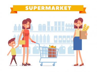 İnsanlar süpermarkette alışveriş. Karikatür tarzı, düz vektör çizim.