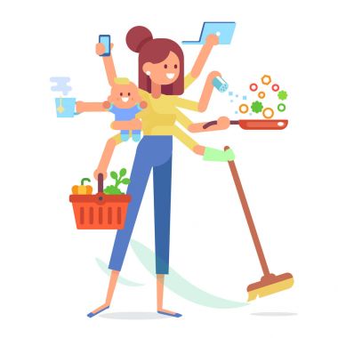 Multitasking kadın. İş kadını ve ev hanımı - anne ile bebek, çalışma, yemek ve bir alışveriş yapmak. Vektör düz çizgi film illüstrasyon.