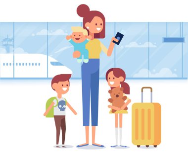 İnsanlar tasarım seyahat. Mutlu anne çocukları ile seyahat. Gülümseyen kadın Bagaj holding bebek tatil için hazır. Düz vektör çizim.