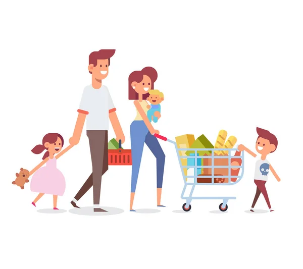 Compras Familiares Felices Padres Con Hijos Felices Gran Venta Compra — Vector de stock