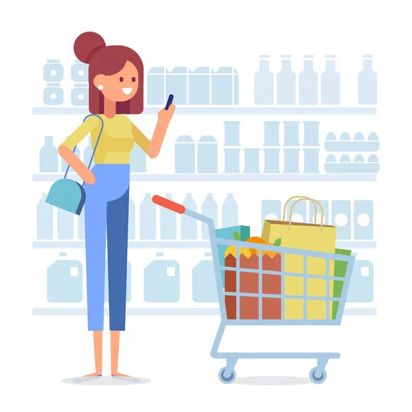 Compras Femininas Supermercado Ilustração Vetorial Estilo Plano — Vetor de Stock